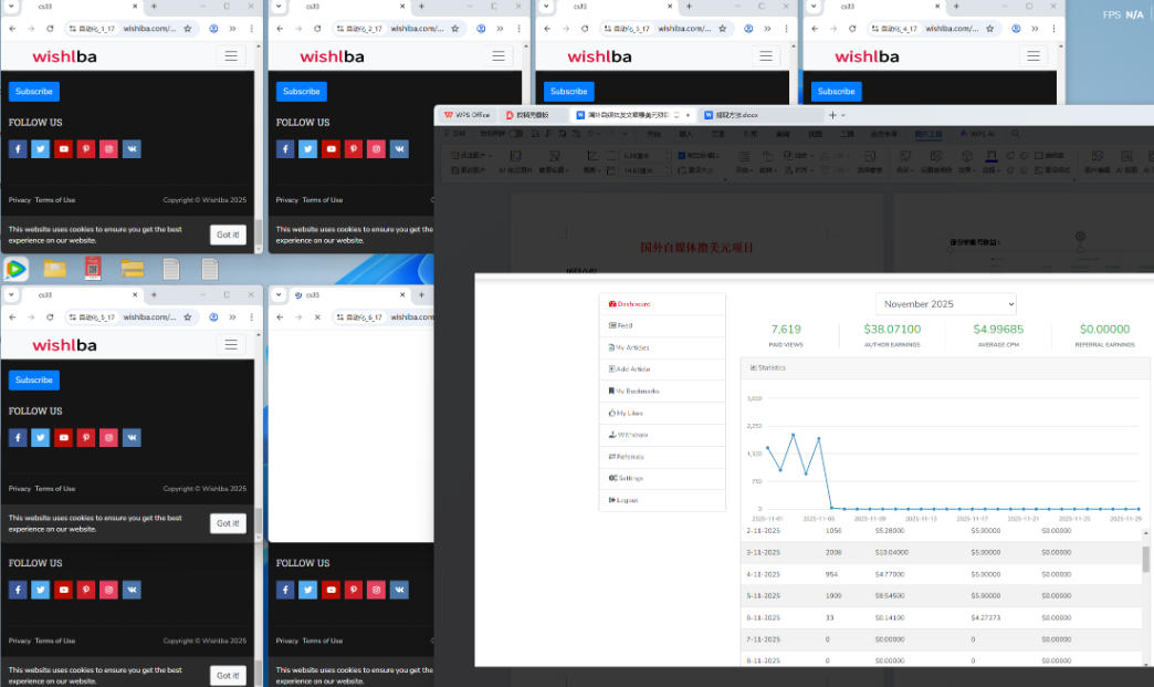 最新wishlba自媒体发文章挂机撸美金项目，单日收益30美金+工作室可批量搞【挂机脚本+使用教程】