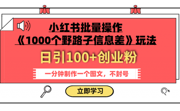 小红书批量操作《1000个野路子信息差》玩法 日引100+创业粉 一分钟一个图文