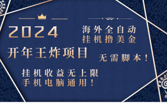 2024海外全自动挂机撸美金项目!手机电脑均可,无需脚本,收益无上限!