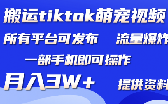 搬运Tiktok萌宠类视频,一部手机即可。所有短视频平台均可操作,月入3W+