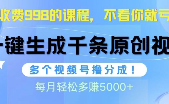 视频号软件辅助日产1000条原创视频,多个账号撸分成收益,每个月多赚5000+